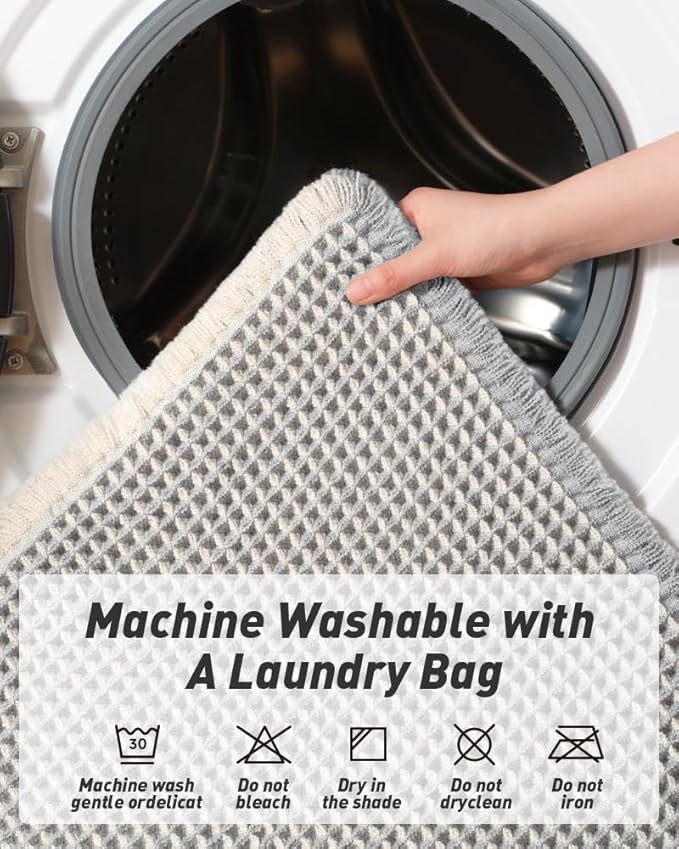 Upgraded Waffle Bath Mat, Super Absorbent Non Slip Bath Mats for Bathroom Floor, Machine Washable Bathroom Rugs with Tassels, Rubber Backed Bathroom Mats, Ultra Soft, 17" x 24",LightGrey & Cream