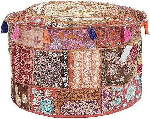 The Harry Creations Decorative Patchwork Comfortable Indian Ottoman Ethnic Cotton Cushion Bean Bag Designs Floor Embroidered Pouf Cover (Brown, 18"x13") - color: Brown, size: 18"x13"