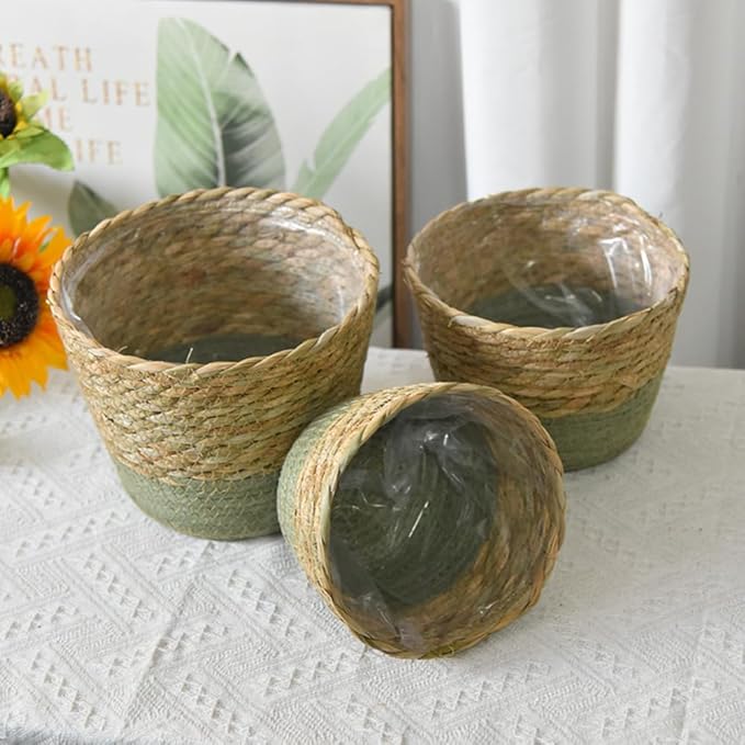 Natural Handwoven Seagrass Planter Basket with Waterproof Liner, Multi-Use Belly Wicker Storage Basket for Plant Pot Cover Indoor Outdoor(Green,6.89''X4.72'')
