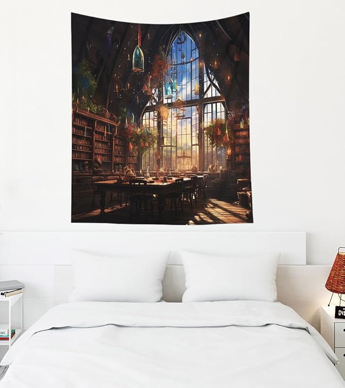 EMMTEEY Fantasy Library Tapestry for Men 50X60 Inch - Bookshelf Living Room Wall Decor Vintage Dark Academia Backdrop for Students Women