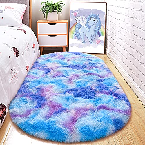 junovo Ultra Soft Washable Shaggy Rug - Non-Slip Oval Carpet for Nursery, Kids Bedroom & Home Decor (2.6x5.3ft Tie-Dye Blue Purple) | Plush Fluffy Floor Mat for Cozy Living Spaces - color: Tie-dye Blue Purple, size: 2.6' x 5.3'