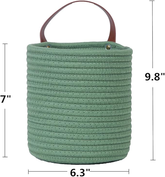 2pack Small Hanging Basket-Cotton Rope Wall Basket with Handle, Hanging Storage Baskets, Shelf Baskets Storage Bin Closet Organizer - 6.3" x 7", Woven Plant Basket (Green)
