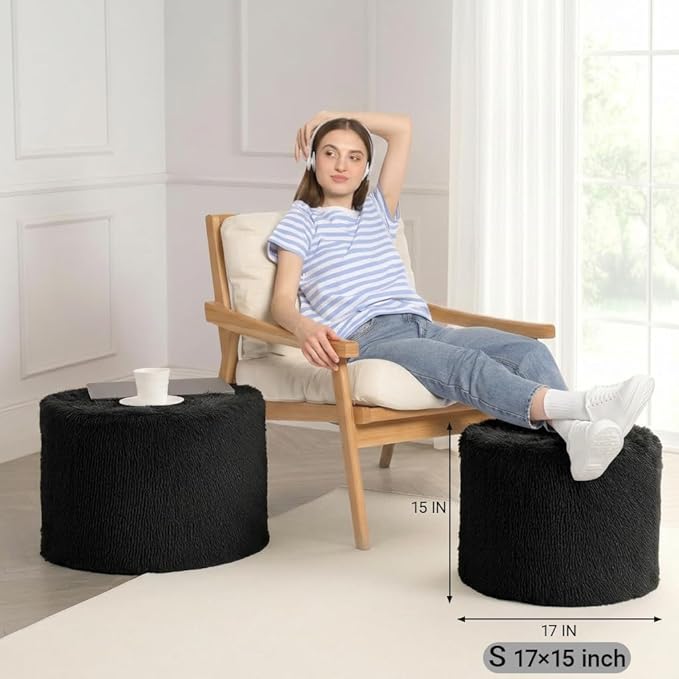 Round Pouf Ottoman Foot Rest, 17"×15" Foam Filled Foot Stool for Living Room, Lightweight Decorative Pouf Stool for Couch or Chair, Soft Modern Ottoman for Home Decor, Black