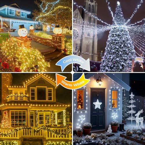Warm White and Cool White Color Changing Solar String Lights for Outside, 2 Pack 400LED Solar Fairy Lights Outdoor Waterproof, Copper Wire with 8 Modes Solar Twinkle Lights for Tree Garden Party - color: Warm White to Cool White, size: 2 Pack-400LED
