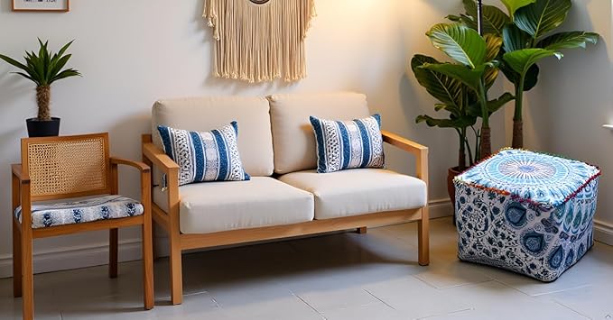 CRAFT KALA Indian Square Patchwork Traditional Pouf Cover Indian Living Room Poufs Decorative Designer Pom Pom Ottoman Cover Home Living Footstool Cover Ottoman Decor 22X22X14 inches, Sky Blue Mirchi