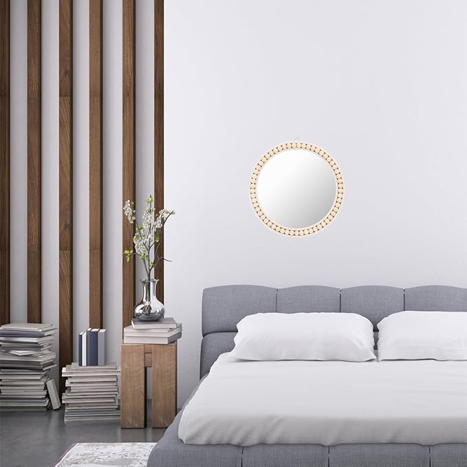 Boho Wall Mounted Mirror, 12 Inch Round Wooden Bead Hanging Mirrors, Rustic Decorative Vanity Mirror, Farmhouse Circle Decor Mirrors for Living Room, Bedroom, Bathroom, Nursery