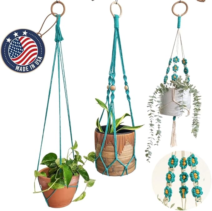 Set of 3 Macrame plant hangers with Daisies & Beads Hanging plant holder Macrame Plant hangers outdoor and indoor hanging planters Plant stand indoor Boho Decor hanging planter stand (Ocean Teal)
