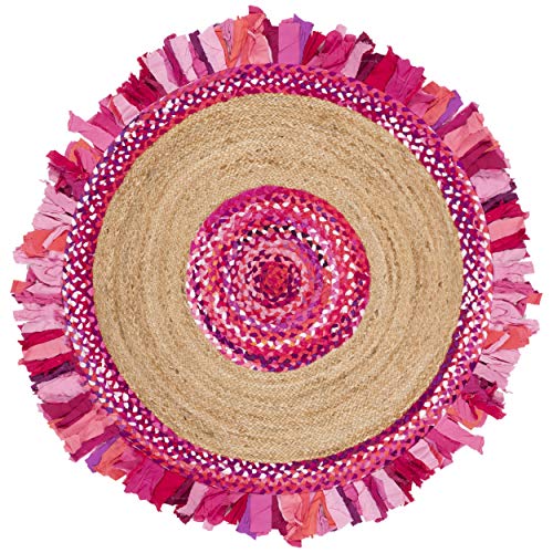 SAFAVIEH Cape Cod Collection 4' Round Pink / Natural CAP701U Handmade Boho Fringe Jute & Cotton Area Rug - color: Pink/Natural, size: 4' (Round)
