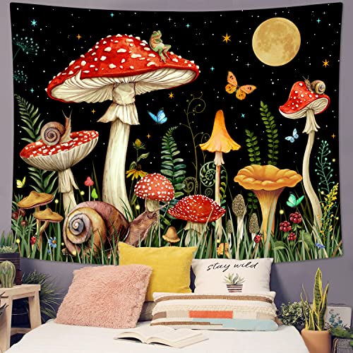 Zussun Red Mushroom Tapestry Moon Star Tapestries for Bedroom Aesthetic Starry Night Green Plant Tapastrys Wall Hanging Butterfly Snail Frog Wall Tapestry for Living Room Dorm (Black, 80" x 60") - color: Black, size: 80"L x 60"W