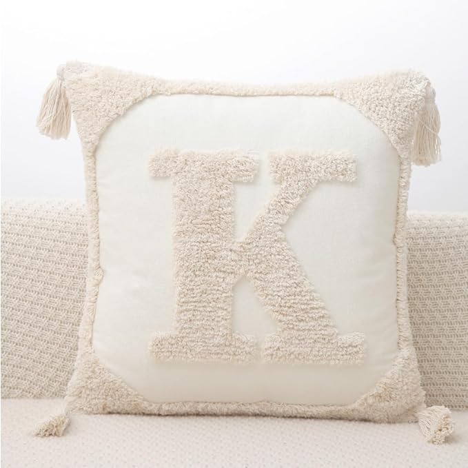 Monogram Pillow Covers with Tassels 18”x18” Modern Cotton Canvas Tufted Alphabet K Throw Pillow Covers for Sofa Couch Bed 26 English Letters Decorative Pillow Case for Sofa Throw Pillows