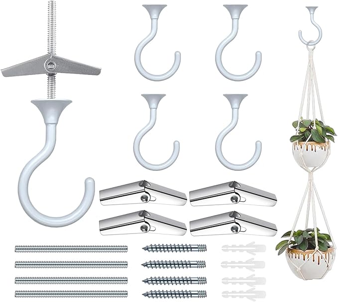 4 Sets Heavy Duty Swag Ceiling Hooks with Hardware for Hanging Plants, Cavity Wall Fixing, Easy Installation, Holds Up to 30lbs, Ideal for Home & Garden (4 Sets, White)