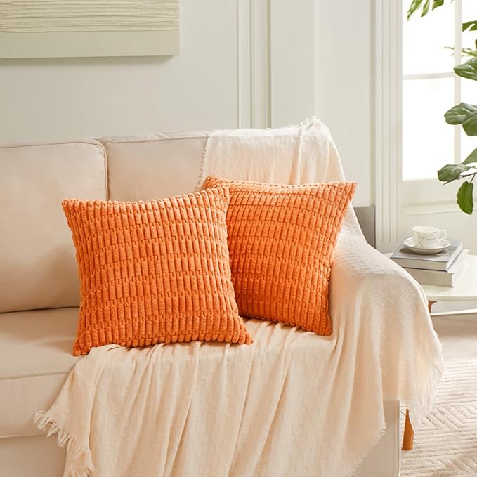 Fancy Homi 4 Packs Orange Fall Decorative Throw Pillow Covers 20x20 Inch for Couch Bed Sofa, Halloween Pumpkin Autumn Home Decor, Soft Cute Plush Corduroy Striped Cushion Case 50x50 CM