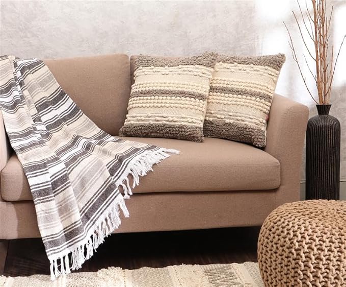 · REDEARTH · Boho Textured Throw Pillow Cases - Woven Tufted Decorative Farmhouse Cushion Covers Set for Couch - Sofa - Bed - Chair - Dining - Patio - Outdoor - 100% Cotton (18x18; Natural) Pack of 2