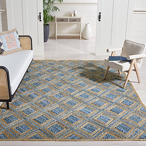 SAFAVIEH Cape Cod Collection 10' x 14' Natural / Blue CAP354A Handmade Flatweave Diamond Braided Jute & Denim Area Rug - color: Natural/Blue, size: 10' x 14' (Rectangular)