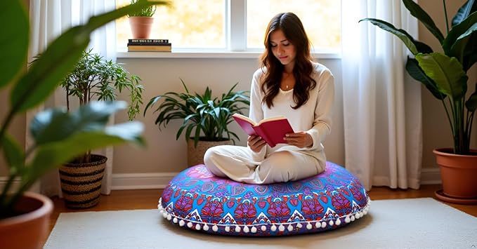 Round Mandala Floor Pillow Cover Seating Cushion Throw Cover Ottoman Pouf Cover Pom Pom Pillow Cases Hippie Decorative Bohemian Boho Indian 22 Inches (Purple Blue)