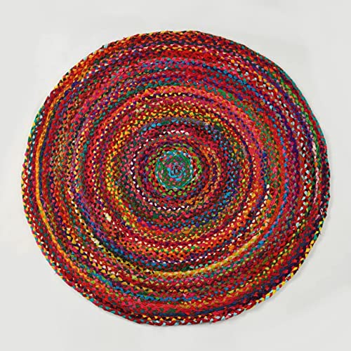 GRUHUM Round Jute Cotton Area Rug 7ft Handwoven Natural Fiber Multicolour Farmhouse Cotton Area Rug Soft Braided Rustic Vintage -Indoor EcoFriendly Kitchen Bedroom Living Hallways Enterways 7'ft Round - color: Multi Color- 27, size: 7' (Round)