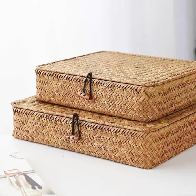 Seagrass Storage Baskets with Lid, Flat Wicker Basket, Shallow Woven Basket for Shelf, Decorative Storage Boxes for Organizing