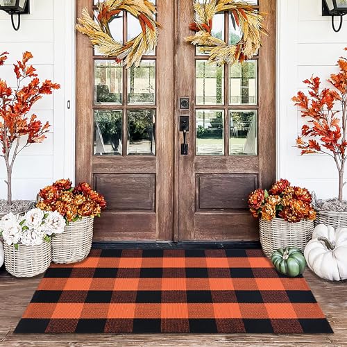 Orange and Black Plaid Rug, 28'' x 43'' Fall Outdoor Front Door Decor Mat, Cotton Washable Hand-Woven Rug for Layered Doormat, Autumn Halloween Thanksgiving Carpet for Porch, Entryway - color: Orange & Black Plaid, size: 2'4" x 3'7" (Rectangular)