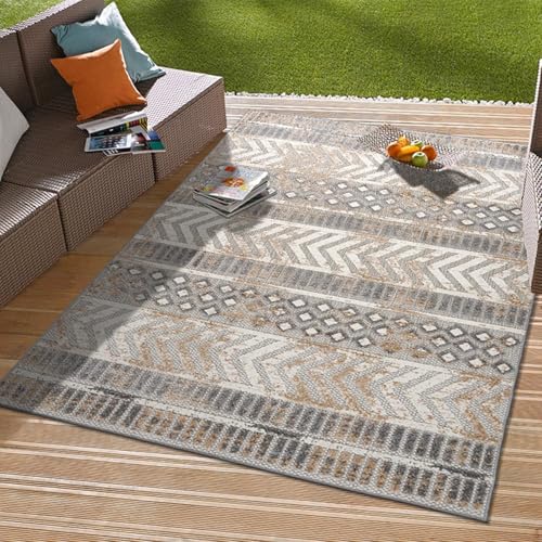 Rugshop Distressed Geometric Indoor/Outdoor Beige Area Rug Modern Tribal Stripe, Durable Stain Resistant Perfect for Patio, Backyard, Deck and Outdoor Lounge 12' x 15' - size: 12' x 15' (Rectangular)