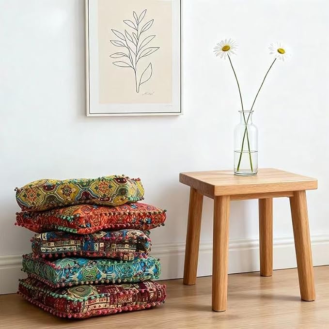 Bohemian Floor Pillow, Square Meditation Cushion & Yoga Mat – Ethnic Mandala Pattern Floor Seating for Living Room, Bedroom, Relaxation, Floor Decor (RED)