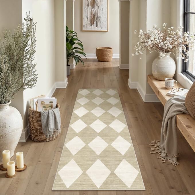 PureCozy Checkered 2x6 Runner Rug for Hallways Beige Washable Long Carpet Non-Slip Low Pile Modern Soft Indoor Accent Throw Rugs for Entrance Kitchen Bedroom Dining Laundry - color: Checkered Beige, size: 2' x 6' (Runner)