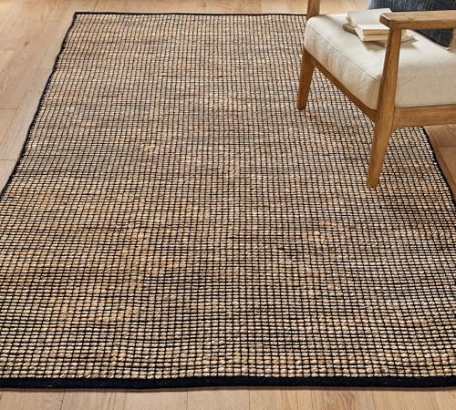 Chardin home 8x10 Jute Cotton Handwoven Area Rug | Braided Boho Farmhouse Rug in Natural Jute/Black | Rustic Vintage Floor Covering for Living Room, Bedroom, Kitchen, and Entryway - color: Natural Jute-black, size: 8' x 10' (Rectangular)