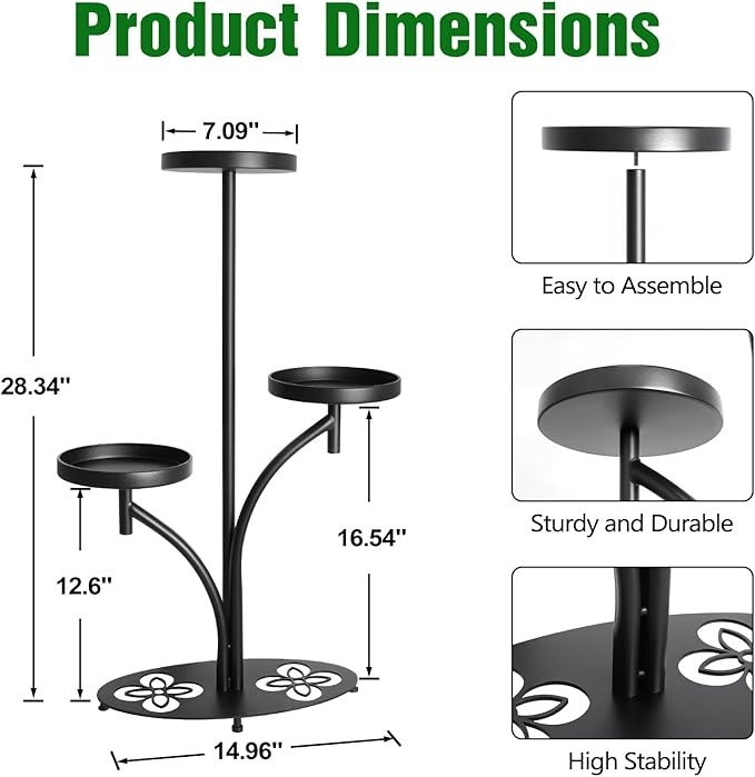 Indoor 3 Tier Black Plant Stand, Tall Metal Plant Stand, Heavy-duty Base in the Shape of a Four-leaf Clover, Layered Modern Flower Pot Rack, Suitable for Courtyards, Patios, Living Rooms, (2Pack)