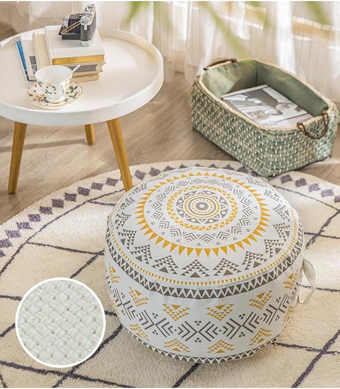 MOCOFO Unstuffed Round Pouf Cover, Boho Geometric Ottoman Footstool Cover with Handle, Decorative Floor Pillow & Storage Bean Bag for Living Room, Nursery, Patio (Yellow,18x18x8)