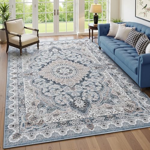 Foxmas 6x9 Area Rugs for Living Room, Machine Washable Vintage Rug, Non-Slip Low Pile Throw Rugs with Rubber Backing Washable Carpet for Bedroom Dining Room Kitchen Home Decor, Blue - color: Blue, size: 6' X 9' (Rectangular)