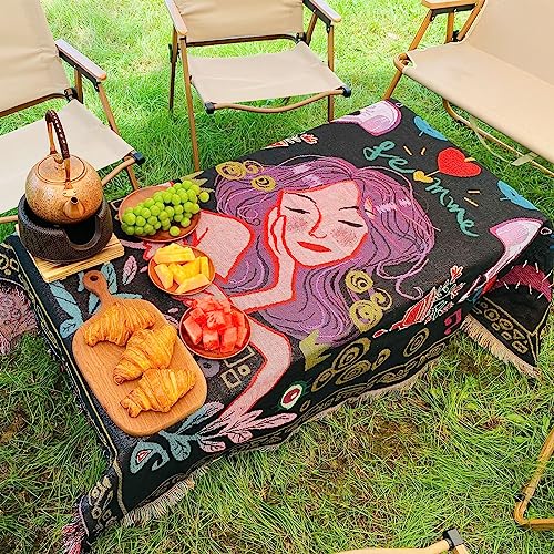 LumiSyne Cotton Woven Throw Blanket With Tassel Bohemian Tribal Ethnic Style Geometric Pattern Aztec Navajo Blanket Decorative Throw For Sofa Bed Armchair Camping Tapestry Tablecloths Carpet 160x130cm - color: Girl