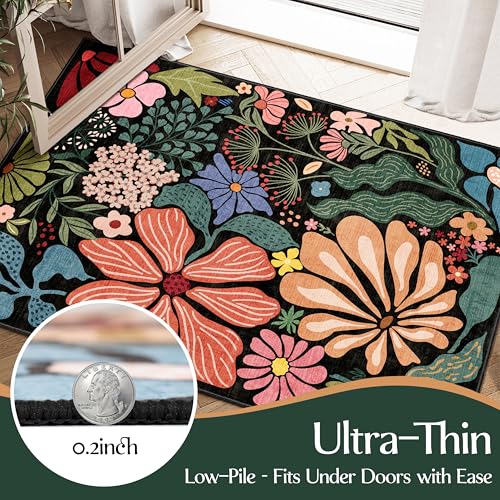 MUJOO Floral 2x3 Washable Rug Black Small Area Rugs for Entryway Kitchen Bathroom,Non Slip Throw Carpet for Bedroom Entrance Door Mat Boho Modern Abstract Botanical Flower - color: Black（colorful）, size: 2' x 3' (Rectangular)