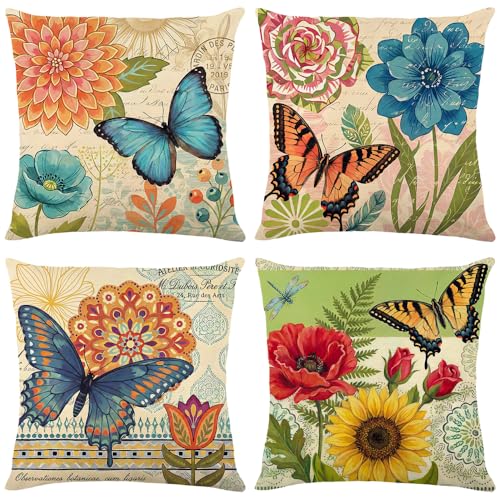 wyooxoo Spring Summer Pillow Covers 16x16 Set of 4 Farmhouse Throw Pillow Covers Linen Flower Butterfly Decorative Pillowcases for Sofa Couch Living Room Outdoor - color: Color D, size: 16" x 16" (Pack of 4)