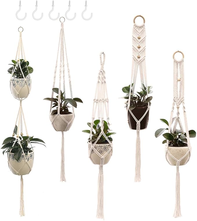 Macrame Plant Hangers Handmade Cotton Rope Flower Pot Holder Boho Theme Indoor Outdoor - Pack of 5 with Ceiling Hooks