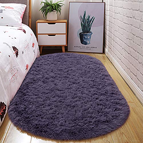 junovo Ultra Soft Washable Shaggy Rug - Non-Slip Oval Carpet for Nursery, Kids Bedroom & Home Decor (2.6x5.3ft Gray-Purple) | Plush Fluffy Floor Mat for Cozy Living Spaces - color: Grey-purple, size: 2.6' x 5.3'