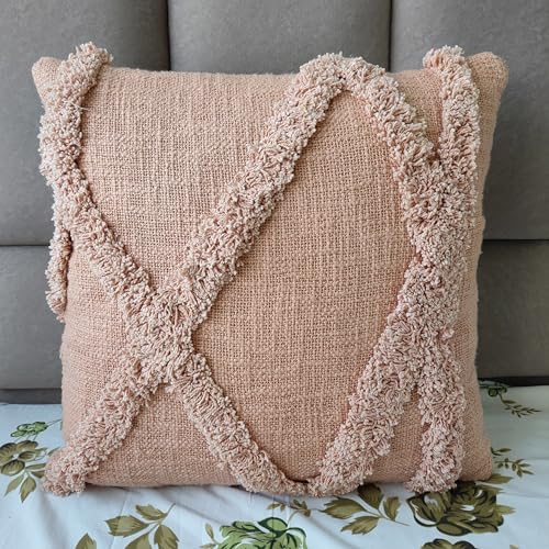 Boho Tufted Throw Pillow Cover, Blush Pink, Cotton, Geometric Diamond Pattern with Fringe