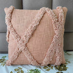 Boho Tufted Throw Pillow Cover, Blush Pink, Cotton, Geometric Diamond Pattern with Fringe