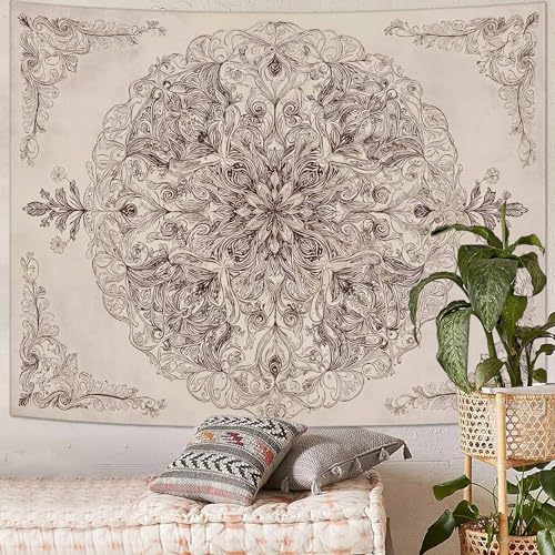 Wegklazax Vintage Floral Mandala Tapestry, Intricate Botanical Wall Art for Room Decor, Elegant Sketch Aesthetic Home Decor 80" L x 60" W - color: Ivory, size: 80"L x 60"W
