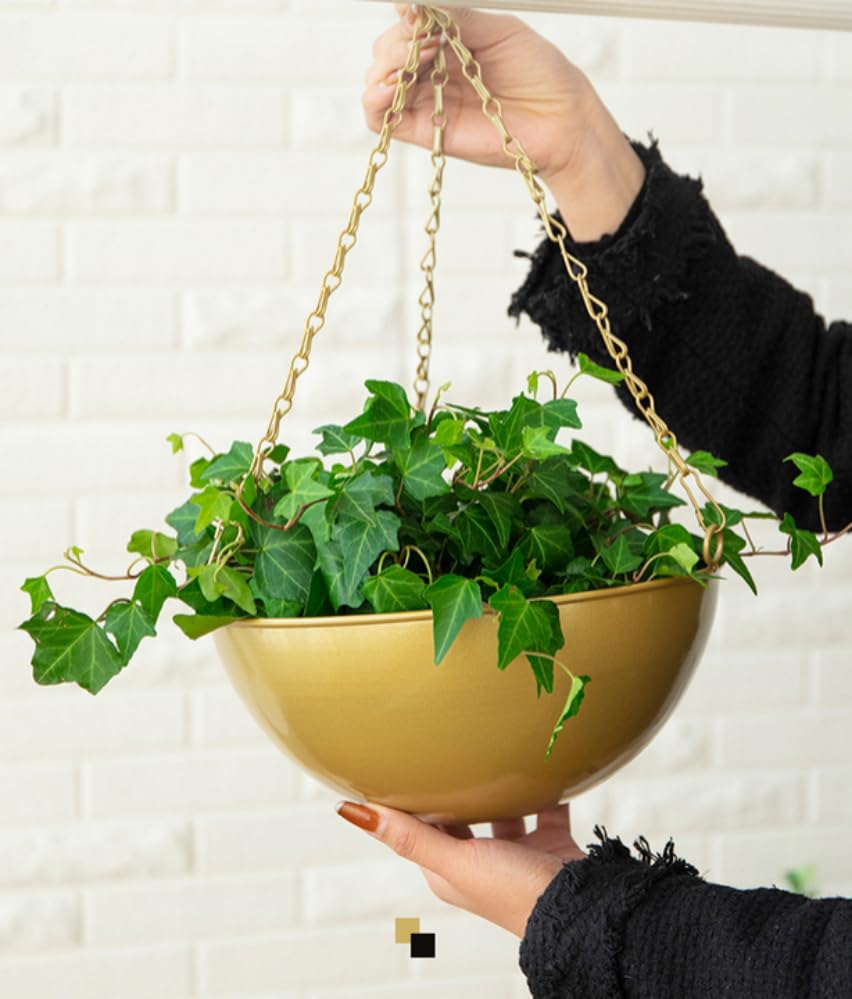 Set of 1 Metal Hanging Planters for Indoor Outdoor Plants, 10" Round Hanging Baskets Large Flower Pots with Chain,Gold Basket for Plant No Holes,Modern Storage Baskets for Garden Home Porch Decor - color: Gold