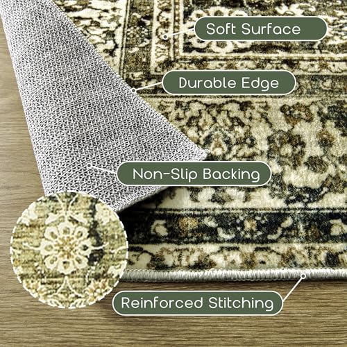 BILEEHOME Throw Rugs 2x3,Non Slip Washable Vintage Floral Boho Accent Soft Thin Small Area Rug for Sink Area Bathroom Bedroom 24 x 36,Olive Green and Beige - color: Olive&tan, size: 2' x 3' (Rectangular)