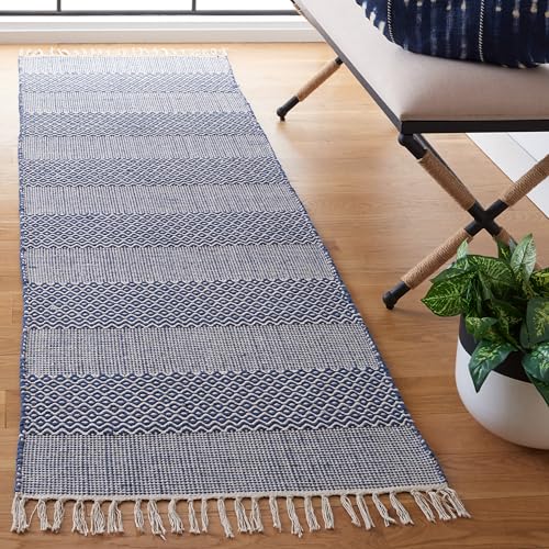 SAFAVIEH Montauk Collection Runner Rug - 2'3" x 8', Ivory & Navy, Handmade Flat Weave Boho Farmhouse Cotton Tassel Fringe, Ideal for High Traffic Areas in Living Room, Bedroom (MTK330B) - color: Ivory/Navy, size: 2'3" x 8' (Runner)