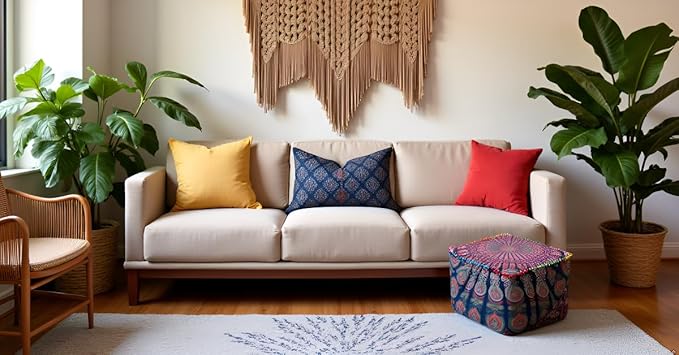 CRAFT KALA Large Hippie Mandala Meditation Floor Ottoman Pillow Cushion Pouf Cover Square Poufs Cover Bohemian Floor Cushion Case Outdoor Fireplace Living Room Decor 22X22X14 inches, Multi Mirchi