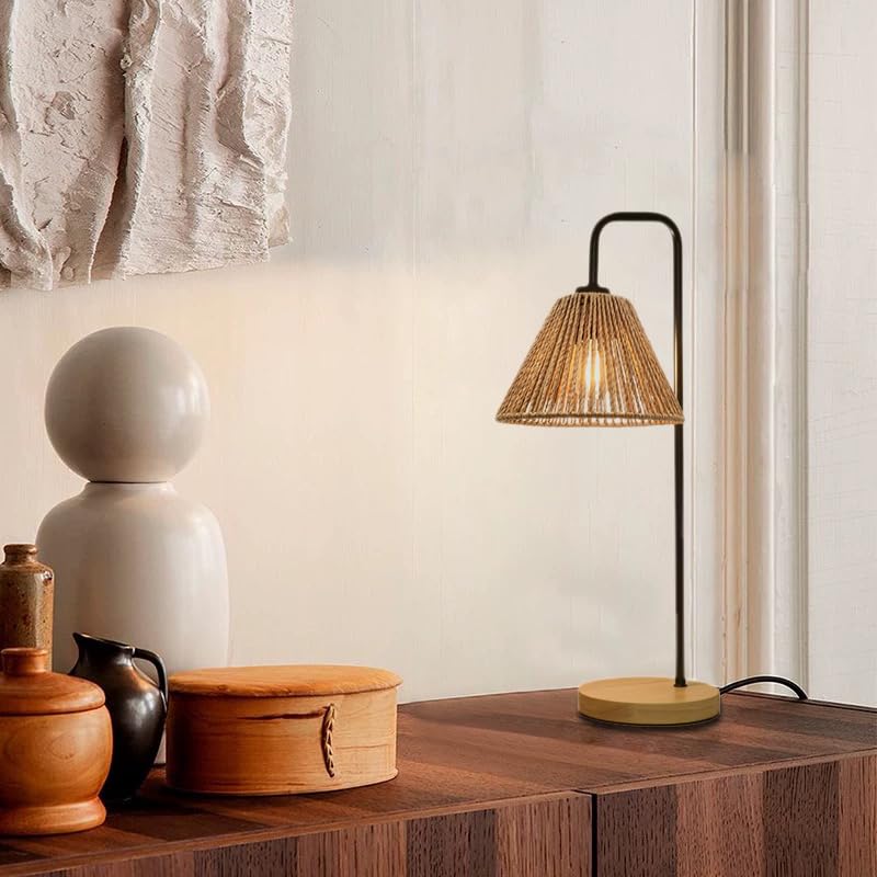 Small Bedside Night Table Lamp for Bedroom, Minimalist Nightstand Lamp with Boho Paper Rattan Shade, Study Reading Desk Lamp for Kids Room, Living Room, College Dorm, Home, Office