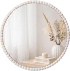 SWTHONY 15inch Small Round Boho Beaded Mirrors for Wall Decor, Cute Decorative Hanging Wooden Circle Nursery Mirror for Girl Room, Bedroom, Livingroom