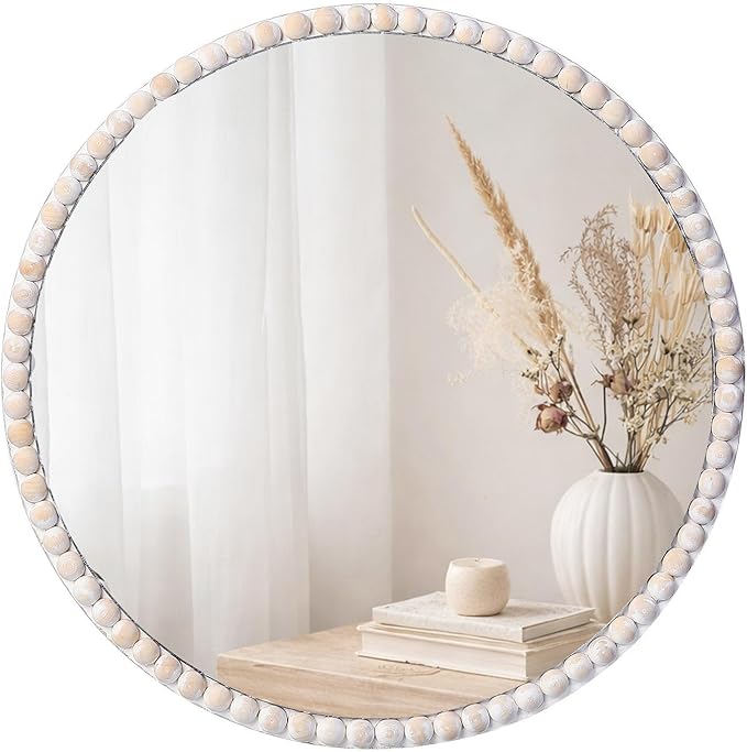 SWTHONY 15inch Small Round Boho Beaded Mirrors for Wall Decor, Cute Decorative Hanging Wooden Circle Nursery Mirror for Girl Room, Bedroom, Livingroom