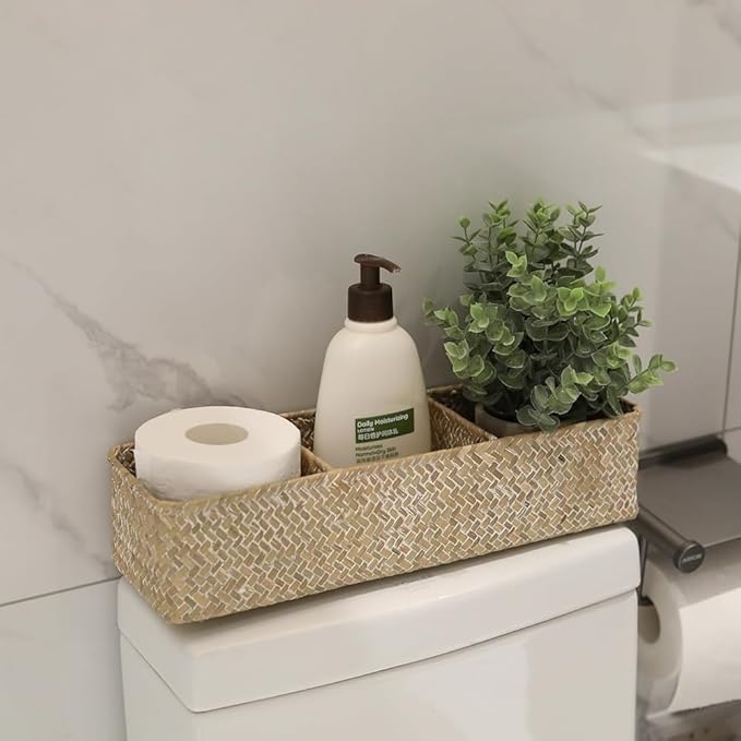 Seagrass Storage Basket for Bathroom, Wicker Toilet Basket Tank Topper, Woven Storage Box for Organizing (Whitewash, 16.5" x 5.5" x 3.5")