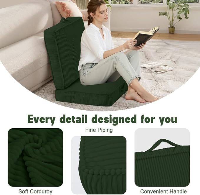 Floor Pillow for Adults Set of 2, 4" Square Floor Cushions with Washable Cover, Large Corduroy Meditation Pillow, 22 inches Tatami Seat with Handle for Living Room or Yoga, Green