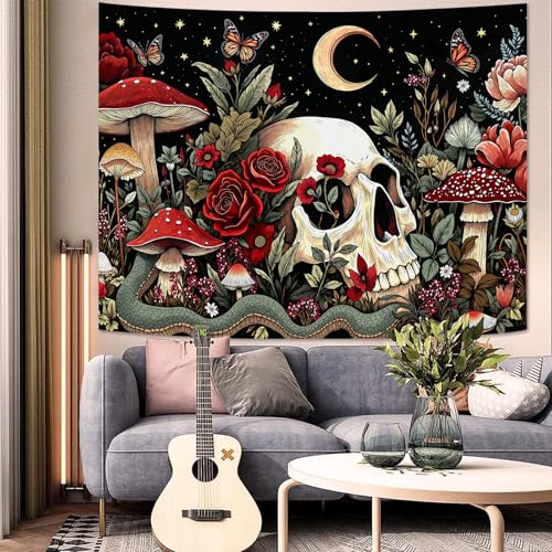 Haibimen Mushroom Skull Tapestry Wall Hanging Gothic Skeleton Floral Snake Moon Stars Tapestries for Bedroom Aesthetic Wallpaper Decor for Living Room, Dorm (Black 2, 48''×36'') - color: Black 2, size: 48''×36''