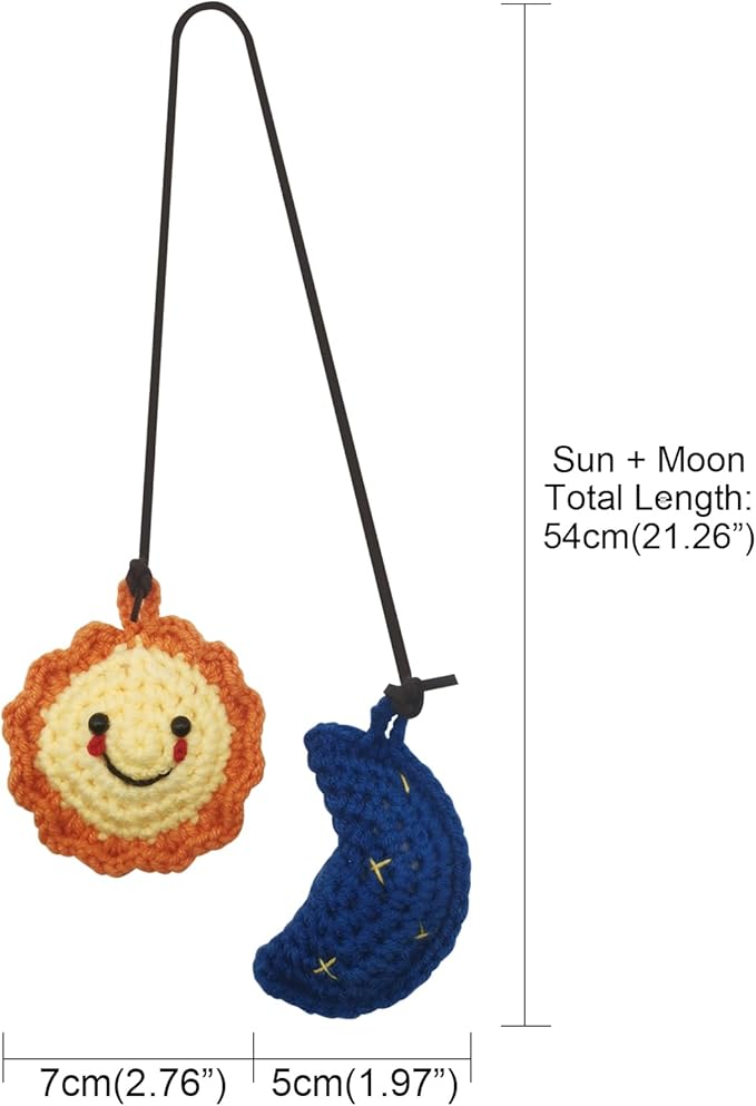 Car Rearview Mirror Hanging Ornament, Crochet Flower Basket Plant Accessory, Handmade Knitted Boho Car Ornament for Women (Sun and Moon)