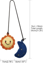 Car Rearview Mirror Hanging Ornament, Crochet Flower Basket Plant Accessory, Handmade Knitted Boho Car Ornament for Women (Sun and Moon)