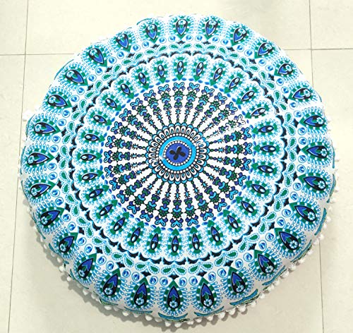 INDIAN CRAFT CASTLE 24" Green Peacock Mandala Barmeri Large Floor Pillow Cover Cushion Meditation Seating Ottoman Throw Cover Hippie Decorative Zipped Bohemian Pouf Ottoman Pom Pom Cases 24" Round - color: Green and White, style: 24 Inch Round